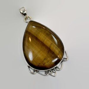 Tigers Eye Pendant, Sterling Silver, Vintage, Big Stone, 2 1/3" Long, Large
